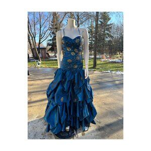 Bella Formals Satin Iridescent Blue Grad Dress Prom Fit & Flare Embellished Gold